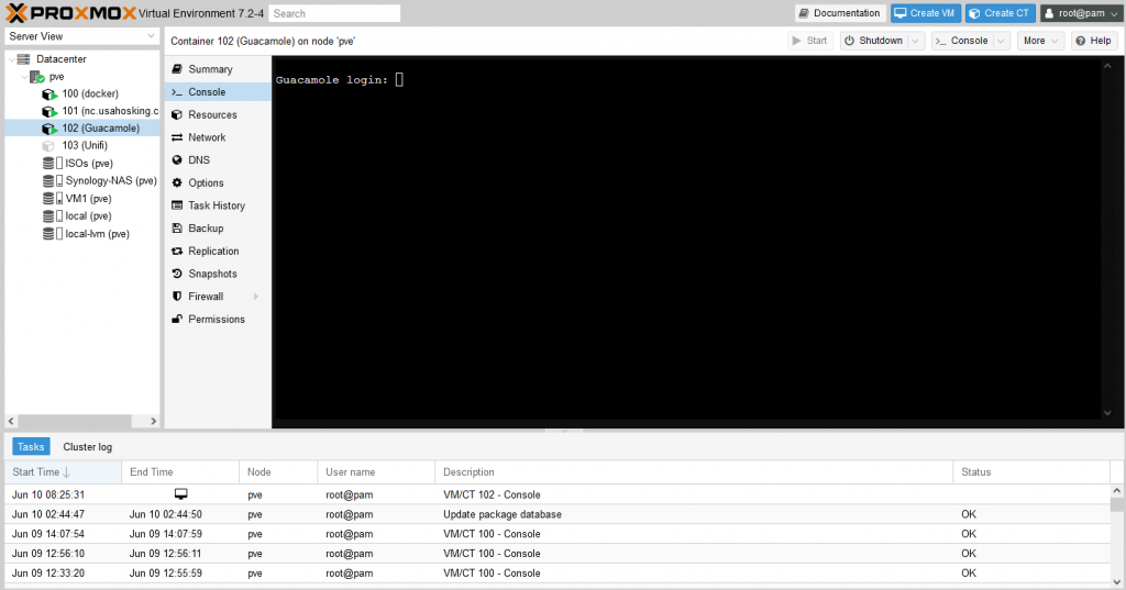 Show of Apache Guacamole being installed in a LXC container in Proxmox